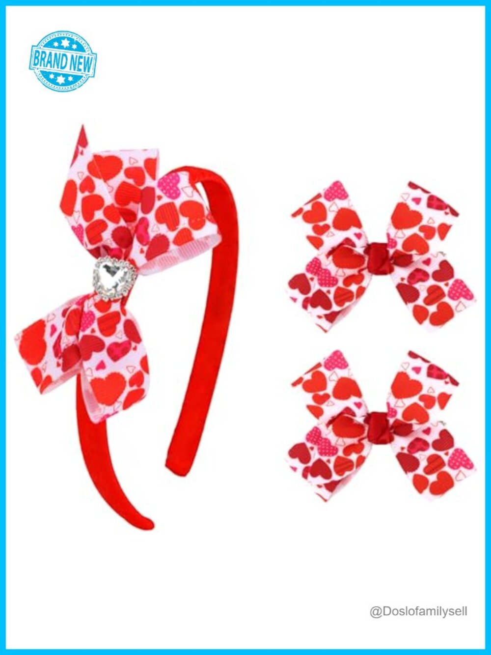 Valentines Heart Headband & Clips Set, Rhinestone Bow